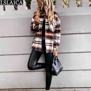 Blouse Women Fashion Casual Loose Office Lady Clothing Plaid Pocket Long Sleeve Button Slim Mandarin Collar Tops 210515