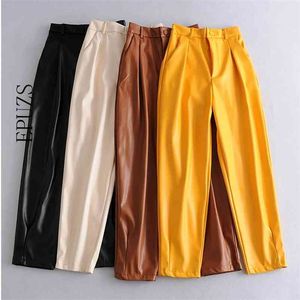 Winter beżowy czarny faux skórzane spodnie kobiety spodnie luźne spodnie ołówek koreański gruba kieszeni PU 210521
