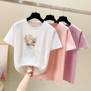 半袖Tシャツ女性服ピンク夏トップス女性Tシャツビーズオレンジティーシャツ韓国のファッションカジュアルカワイイティー210604