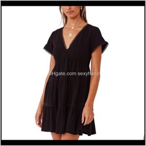 Kleider Damenbekleidung Bekleidung Drop Lieferung Weiblich Aline Kleid Frauen Casual Einfarbig Tiefem V-ausschnitt Vestidos Kurzarm Sommerkleid Für Summe