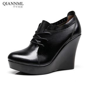 Taglie forti 33-41 Scarpe con zeppa stringate per donna 2021 Décolleté con plateau autunno Donna Tacchi alti Abito da donna nero da ufficio 11cm