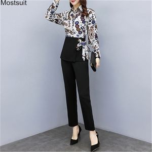 Women Spring Elegant Fashion Two Piece Set Suit Plus Size Outfits Tunic Long Sleeve Side Tie Up Printed Tops + Pocket Pants Sets 210513