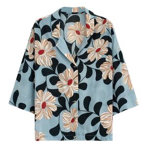 PERHAPS U Hawaii Blue Yellow Floral Flower Print Summer Turn Down Collar Button Women Three Quarter Sleeve Shirt Summer B0100 210529