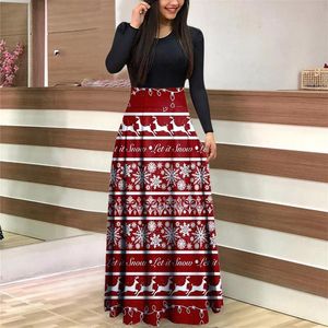 Casual Kleider Für Frauen 2021 Weihnachten Schneemann Drucken Maxi Kleid Langarm Damen Vestidos De Mujer D5