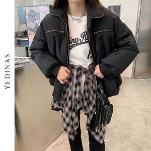 Yedinas Fashion Stand Collar Parkas Women Thick Warm Winter Coats Zipper Female Black Jackets Casual Korean Overcoats Plus Size 210527