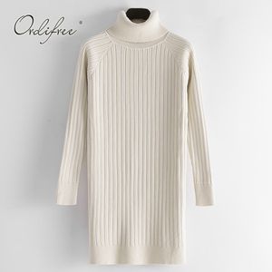 Mulheres Turtleneck Malha Outono Inverno Streetwear Casual Quente Espesso Branco Feminino Camisola Vestido 210415