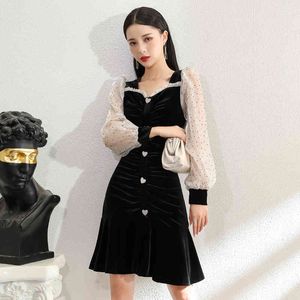 Sonbahar Vintage Zarif Kadın Kadife Şeffaf Örgü Patchwork Uzun Kollu Yüksek Bel V ​​Boyun Kılıf Draped Chic Mini Elbiseler 210514
