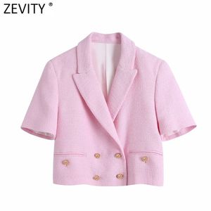 Mulheres Doce Dupla Dupla Breasted Collar Rosa Tweed Woed Curto Blazer Casaco Vintage Outerwear CHIC Tops CT681 210420