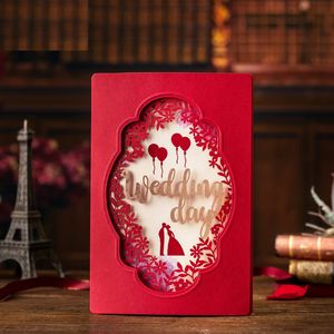 (30 pieces/lot) Gold Stamp Bride And Groom Red Beige Balloon Wedding Invitation Card Laser Cut Flower Butterfly Invitations IC03