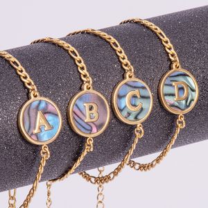 18K Gold Plated Colorful Shell Link Chain Bracelet Simple Stainless Steel Round Letter Lobster Clasp Alphabet Bracelets for Women Wholesale