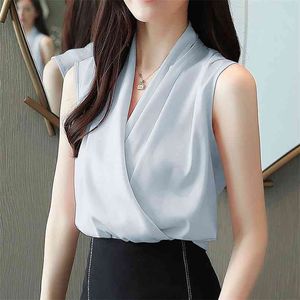 Summer Sleeveless Tank Tops Shirts Women Fashion Solid White V Neck Loose Casual Chiffon Vest Blouse Lady Plus Size 210601