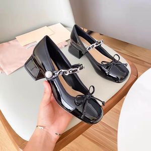 Spring ladies high heel boat shoes designer small square head hit color designer style thick heel sandals metal decoration patent leather dress shoes