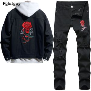 Preto rosa flor bordado fatos de treino de duas peças terno masculino jaqueta jeans padrão personalidade denim casaco e estiramento fino calças rasgadas