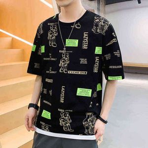 Browon verão moda t camisa para homens casual puro algodão solto meia manga homens t-shirt falso dois pedaços impressão gráfico camiseta H1218