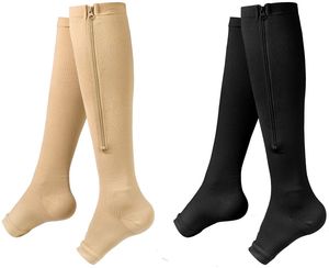 Zipper Compression Socks - 2Pairs Calf Knee High Stocking Open Toe for Walking,Runnng,Hiking and Sports Use (C- BLACK/NUDE, L/XL)