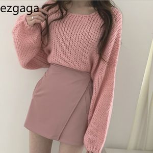 Ezgaga söt vintage jordgubbe rosa tröja kvinnor pullover överdimensionerade outwear långa puff ärm stickas toppar elegant varm jumper 210430