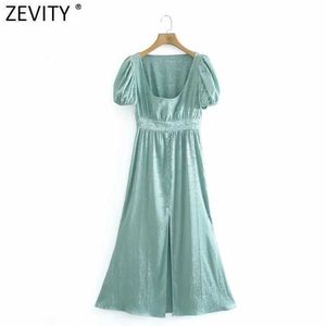 Zevity女性のファッションスクエアカラージャカードMIDIシャツドレスシックな女性プリーツパフスリーブバックルカジュアルスリムヴェスディドDS8368 210603