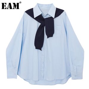 [EAM] Женщины Blue Big Place Kinting Sprised Blouse Blouse отворот с длинным рукавом Свободная подходящая рубашка мода весна осенью 1dd6907 21512