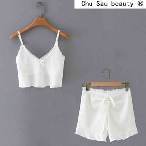 Verão Branco Vintage Sexy Drawstring Ruffled Lace Trim Sling Crop Top Camis + Casual Shorts Terno Mulheres 210514