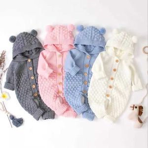 Unisex Baby Boy Bear Hoode Strampler Schöner Strickpullover für Mädchen Baumwollkleidung Onesie Blau Rosa Grau 210529