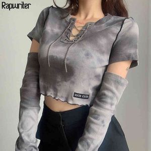 Gothic Metal Chain Hollow Out Ruffles Tie Dye T Shirt Kobiety Spadek Punk Odciąć Z Długim Rękawem Harajuku Crop Top Femme Rapwriter 210415