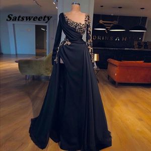 Elegant vestidos prom klänning 2022 långärmad kvällsklänning marinblå beading chiffong hög slit sexiga kvinnor formella klänningar