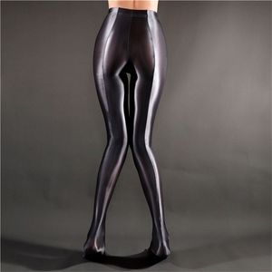 Sexy Women Stripe Oil Gloosy Pencil Pant Shiny Full Smooth See Through Leggings Candy Color Dance Wear F20 211115