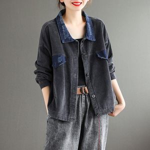 Women's Jackets Retro Corduroy Short Jacket Stitching Loose And Thin Denim Autumn Jeans Vintage Mujer Chaqueta K1087