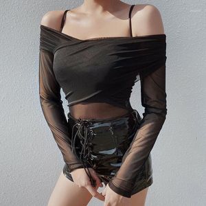 Womens Ladies Sexy Mesh Sheer Off Shoulder Long Sleeve Leotard Bodysuit Top Women's Jumpsuits & Rompers