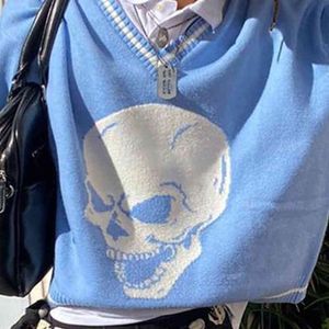 Paski Czaszki Wzór Oversize Blue Sweter Kobiety Jesień Streetwear E-Girl V Neck Pullover Y2K Topy Dzianiny Kobieta Jumper 210415