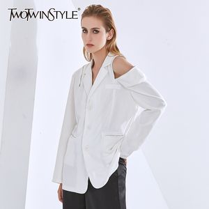 TWOTWINSTYLE Weiß Patchwork Blazer Für Frauen Kerb Langarm Aushöhlen Designer Lose Mäntel Weibliche Mode Kleidung 210517