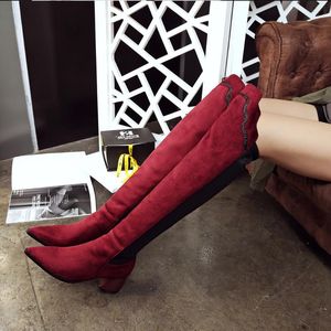 Stiefel winter damen mode wildleder spitze zehe dicke ferse über dem knie sexy rote farbe passende mattierte dress party