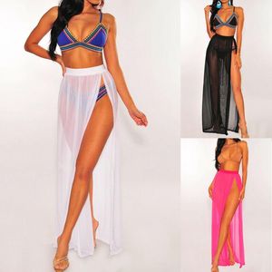 Style Women Cover-ups Beach Bikini Cover Up Solid Swimming Wear Wrap High midja länge Se genom Split Bathing Fashion 2021 Sarongs