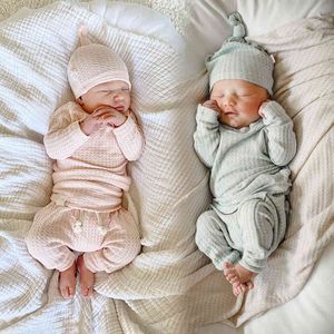 3pcs Infant Newborn Baby Cute Clothes Sets Girls Boys Autumn Warm Harem Pants Waffle Ribbed Solid Unisex Bodysuitselastic Pants K