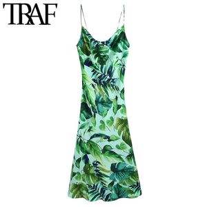 TRAF Kadınlar Chic Moda Tropikal Baskı Midi Kaşkorse Elbise Vintage Backless Yan Vents Ince Sapanlar Kadın Elbiseler Mujer 210415