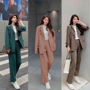 Wiosna Jesień Damska Biuro Dwuczęściowy Pantsuit Elegancki Blazer Girly Kobieta Set Casual Luźne Spodnie Kurtka Ubrania robocze 210514