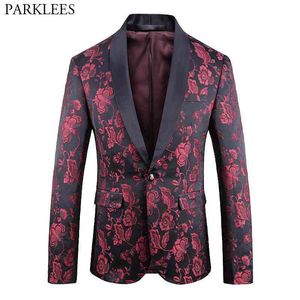 Męski jeden przycisk Szal Kołnierz Kwiatowy Party Dress Kurtka Stylowa kolacja Kurtka Ślubna Blazer Prom Tuxedo Costume Homme 5xl 210522