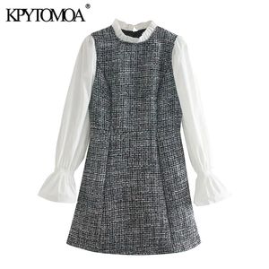 Kvinnor söt mode patchwork check tweed mini dress vintage lyktor ärm tillbaka dragkedja kvinnliga klänningar mujer 210416