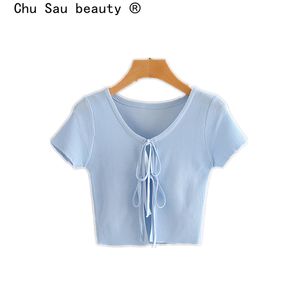 Chu Sau Güzellik Moda Blogger Stil Ince Örme Kırpma Üst Rahat Chic O-Boyun Hırka Yaz Kısa Kollu Mini Kadın 210508 Tops