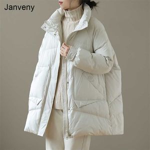 Janveny Inverno Autunno Puffer Jacket Donna 90% Piumino d'anatra bianco Cappotto Donna Medio lungo Cappotti di pane sciolto Piuma Parka Outwear 211018