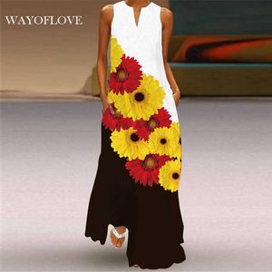 Wayofloveファッション夏のビーチのドレスカジュアルプラスサイズの花のプリントドレス夏の女性ノースリーブの女の子ロングドレス女性210602