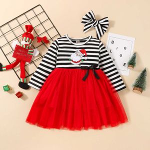Kinderkleid, 2021 neue Mode, gestreift, Weihnachtsmann-Stickerei, O-Ausschnitt, lange Ärmel, mit Stirnband für Frühling und Sommer, 1–4 Jahre G1026