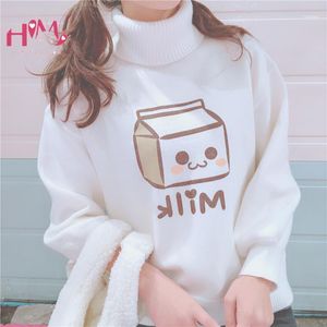 Kvinnors tröjor preppy cashmere kvinnor pullover vinter hög krage mjölk lådor print söt tröja kvinnlig turtleneck lös kawaii stickning jum