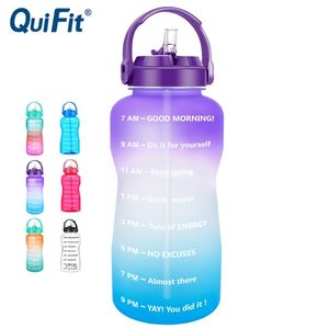 QuiFit 3.8L 2L Wide Mouth Gallon Tritan Water Bottle With Straw & Time Markings BPA Free Portable Sports GYM Jug Mobile Holder 210917