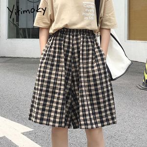 xadrez mulheres shorts cintura elástica estilo japão alta cintura calções para as mulheres harajuku short plus tamanho 5xl alta cintura shorts solto 210611