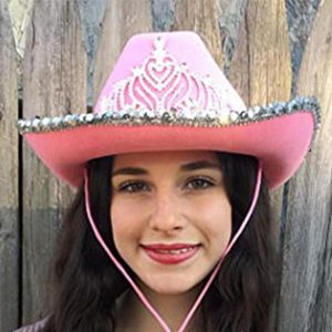 Berets Western Cowboy Caps Rosa Cowgirl Hut für Frauen Mädchen Tiara Urlaub Kostüm Party Feder Große Krone Acces Q7B0