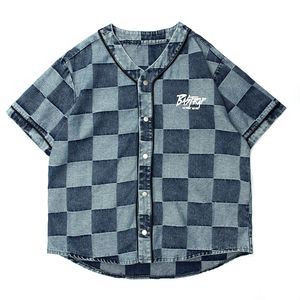 Harajuku Color Block Plaid Washed Jean Shirts Men and Women V Neck Short Sleeve Oversize Summer Shirt Checkered Casual Denim Tee