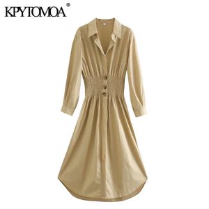 Women Fashion With Button Pleated Midi Shirt Dress Vintage Three Quarter Sleeve Elastic Waist Female Dresses Mujer 210416