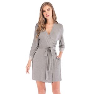 Sexig Mini Sleepwear Robe Night Dressing Gownn Andningsbara Modala Kimono Robes För Kvinnor Lösa Tre Kvartär Ärm Kvinnors Robe 210831