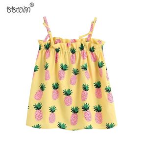 Kadınlar Tatlı Moda Meyve Çiçek Baskı Ruffleds Sapanlar Bluzlar Vintage Kolsuz Sıkı Gömlek Kızlar Chic Boho Tops 210520